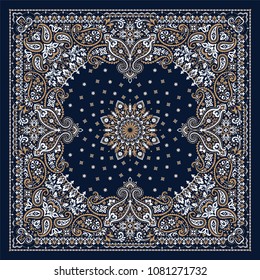 Vector ornament paisley Bandana Print, silk neck scarf or kerchief square pattern design style for print on fabric.