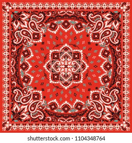 Vector ornament paisley Bandana Print, silk neck scarf or kerchief square pattern design style for print on fabric.