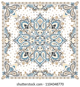 Vector ornament paisley Bandana Print, silk neck scarf or kerchief square pattern design style for print on fabric.