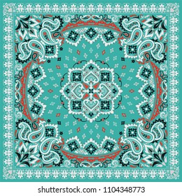 Vector ornament paisley Bandana Print, silk neck scarf or kerchief square pattern design style for print on fabric.