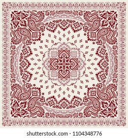 Vector ornament paisley Bandana Print, silk neck scarf or kerchief square pattern design style for print on fabric.