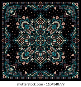 Vector ornament paisley Bandana Print, silk neck scarf or kerchief square pattern design style for print on fabric.