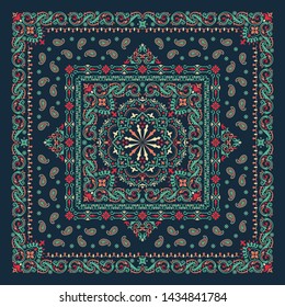 Vector ornament paisley Bandana Print, silk neck scarf or kerchief square pattern design style for print on fabric.