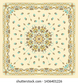 Vector ornament paisley Bandana Print, silk neck scarf or kerchief square pattern design style for print on fabric.