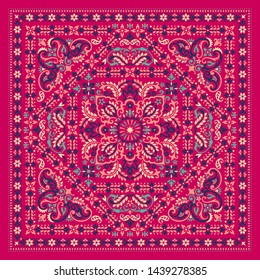 Vector ornament paisley Bandana Print. Silk neck scarf or kerchief square pattern design style, best motive for print on fabric or papper.