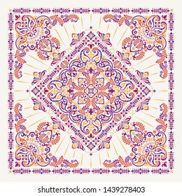 Vector ornament paisley Bandana Print. Silk neck scarf or kerchief square pattern design style, best motive for print on fabric or papper.