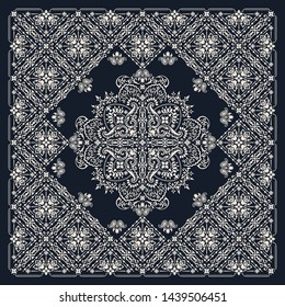 Vector ornament paisley Bandana Print, silk neck scarf or kerchief square pattern design style for print on fabric.