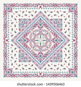 Vector ornament paisley Bandana Print, silk neck scarf or kerchief square pattern design style for print on fabric.