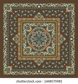 Vector ornament paisley Bandana Print, silk neck scarf or kerchief square pattern design style for print on fabric.