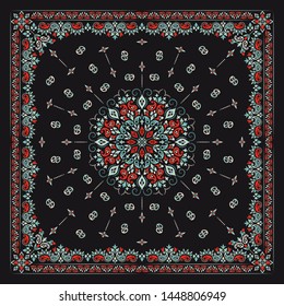 Vector ornament paisley Bandana Print, silk neck scarf or kerchief square pattern design style for print on fabric.