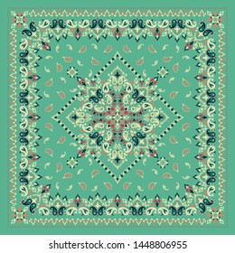 Vector ornament paisley Bandana Print, silk neck scarf or kerchief square pattern design style for print on fabric.