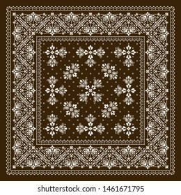 Vector ornament paisley Bandana Print, silk neck scarf or kerchief square pattern design style for print on fabric.