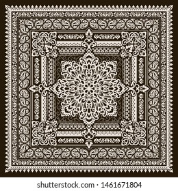 Vector ornament paisley Bandana Print, silk neck scarf or kerchief square pattern design style for print on fabric.