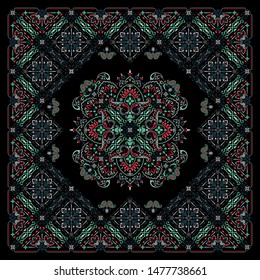 Vector ornament paisley Bandana Print, silk neck scarf or kerchief square pattern design style for print on fabric.