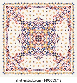 Vector ornament paisley Bandana Print. Silk neck scarf or kerchief square pattern design style, best motive for print on fabric or papper.