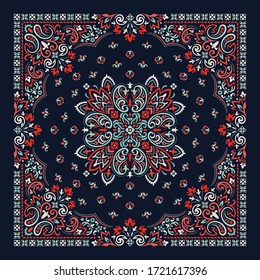 Vector ornament paisley Bandana Print. Silk neck scarf or kerchief square pattern design style, best motive for print on fabric or papper.