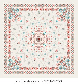 Vector ornament paisley Bandana Print. Silk neck scarf or kerchief square pattern design style, best motive for print on fabric or papper.