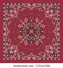 Vector ornament paisley Bandana Print. Silk neck scarf or kerchief square pattern design style, best motive for print on fabric or papper.