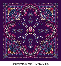 Vector ornament paisley Bandana Print. Silk neck scarf or kerchief square pattern design style, best motive for print on fabric or papper.