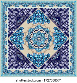  Vector ornament paisley Bandana Print. Blue Silk neck scarf or kerchief square pattern design style for print on fabric.