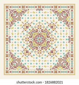 Vector ornament paisley Bandana Print. Silk neck scarf or kerchief square pattern design style, best motive for print on fabric or papper.