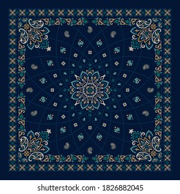 Vector ornament paisley Bandana Print. Silk neck scarf or kerchief square pattern design style, best motive for print on fabric or papper.