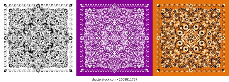 Vector ornament paisley Bandana Print. Silk or cotton neck scarf or kerchief square pattern design style, best motive for print on fabric or papper. A set of three options in different colors