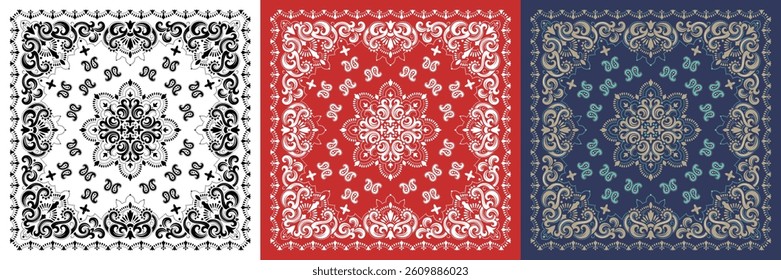 Vector ornament paisley Bandana Print. Silk or cotton neck scarf or kerchief square pattern design style, best motive for print on fabric or papper. A set of three options in different colors