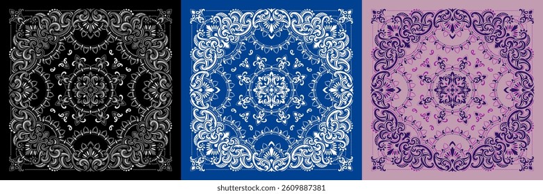 Vector ornament paisley Bandana Print. Silk or cotton neck scarf or kerchief square pattern design style, best motive for print on fabric or papper. A set of three options in different colors