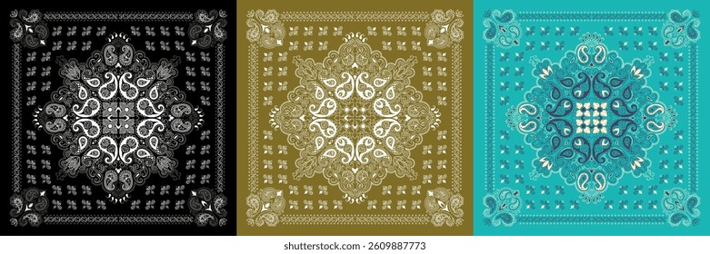 Vector ornament paisley Bandana Print. Silk or cotton neck scarf or kerchief square pattern design style, best motive for print on fabric or papper. A set of three options in different colors