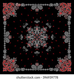 Vector ornament paisley Bandana Print, silk neck scarf or kerchief square pattern design style for fabric. Apparel art.
