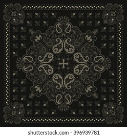 Vector ornament paisley Bandana Print, silk neck scarf or kerchief square pattern design style for fabric. Apparel art.
