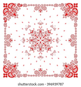 Vector ornament paisley Bandana Print, silk neck scarf or kerchief square pattern design style for fabric. Apparel art.