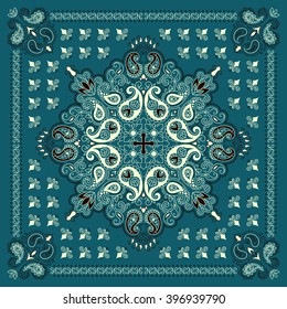 Vector ornament paisley Bandana Print, silk neck scarf or kerchief square pattern design style for fabric. Apparel art.