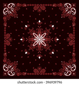 Vector ornament paisley Bandana Print, silk neck scarf or kerchief square pattern design style for fabric. Apparel art.
