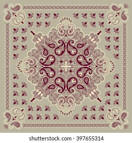 Vector ornament paisley Bandana Print, silk neck scarf or kerchief square pattern design style for fabric. Apparel art.
