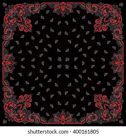 Vector ornament paisley Bandana Print, silk neck scarf or kerchief square pattern design style for fabric. Apparel art.
