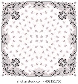 Vector ornament paisley Bandana Print, silk neck scarf or kerchief square pattern design style for fabric. Apparel art.
