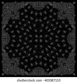 Vector ornament paisley Bandana Print, silk neck scarf or kerchief square pattern design style for fabric. Apparel art.
