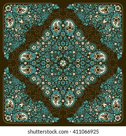 Vector ornament paisley Bandana Print, silk neck scarf or kerchief square pattern design style for print on fabric.
