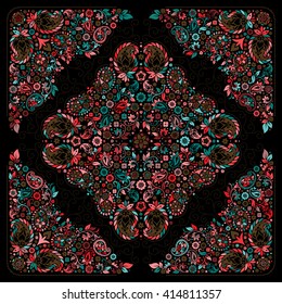 Vector ornament paisley Bandana Print, silk neck scarf or kerchief square pattern design style for fabric. Apparel art.
