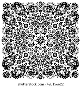 Vector ornament paisley Bandana Print, silk neck scarf or kerchief square pattern design style for fabric. Apparel art.