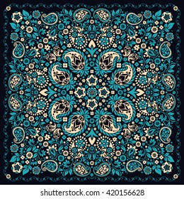 Vector ornament paisley Bandana Print, silk neck scarf or kerchief square pattern design style for fabric. Apparel art.