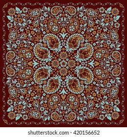 Vector ornament paisley Bandana Print, silk neck scarf or kerchief square pattern design style for fabric. Apparel art.