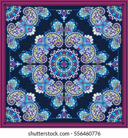 Vector ornament paisley Bandana Print, silk neck scarf or kerchief square pattern design style for print on fabric. Bandana paisley style, bandana paisley art