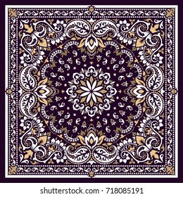 Vector ornament paisley Bandana Print, silk neck scarf or kerchief square pattern design style for print on fabric.