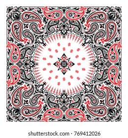 Vector ornament paisley Bandana Print, silk neck scarf or kerchief square pattern design style for print on fabric.