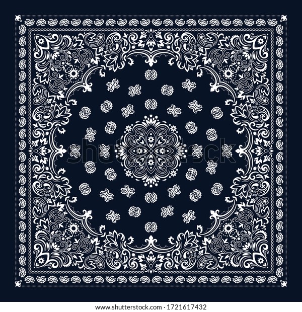 Vector ornament paisley Bandana Print. Silk neck\
scarf or kerchief square pattern design style, best motive for\
print on fabric or\
papper.