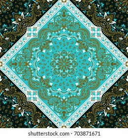 Vector ornament paisley seamless Bandana Print, silk neck scarf or kerchief square pattern design style for print on fabric.