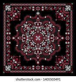 Vector ornament paisley, skulls and bones Bandana Print, fabric neck scarf or kerchief square pattern design style for print on textile.